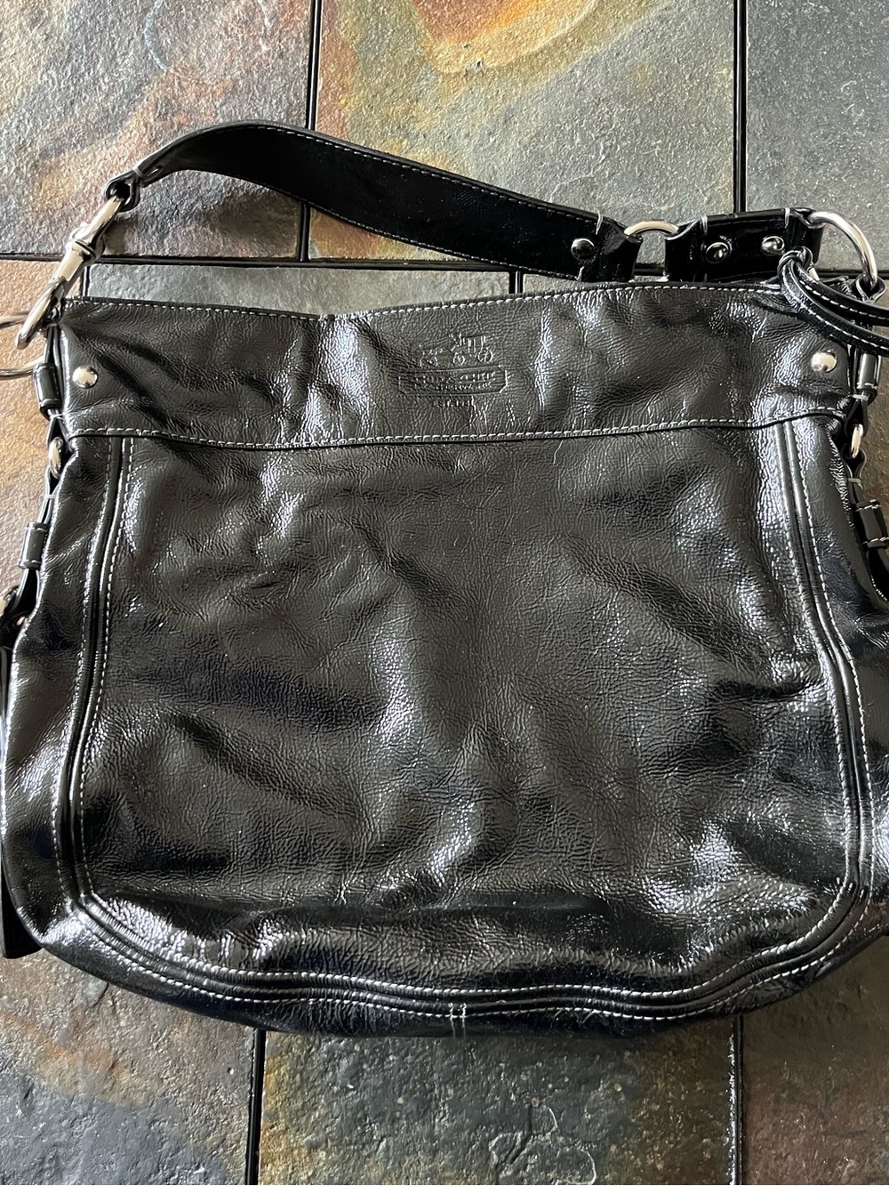Coach Black Patent Leather Shoulder Bag with Magenta Interior